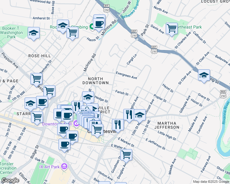 map of restaurants, bars, coffee shops, grocery stores, and more near 532 Park Street in Charlottesville