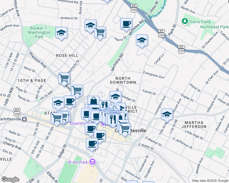 map of restaurants, bars, coffee shops, grocery stores, and more near 437 3rd Street Northeast in Charlottesville