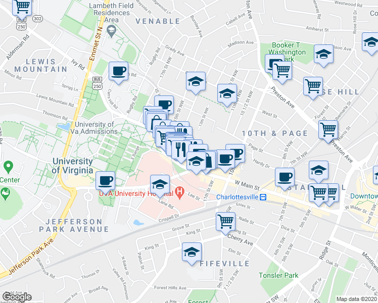 map of restaurants, bars, coffee shops, grocery stores, and more near 120 13th Street Northwest in Charlottesville
