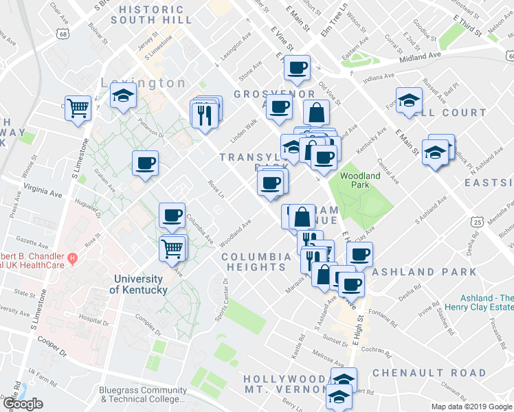 map of restaurants, bars, coffee shops, grocery stores, and more near 412 Woodland Avenue in Lexington