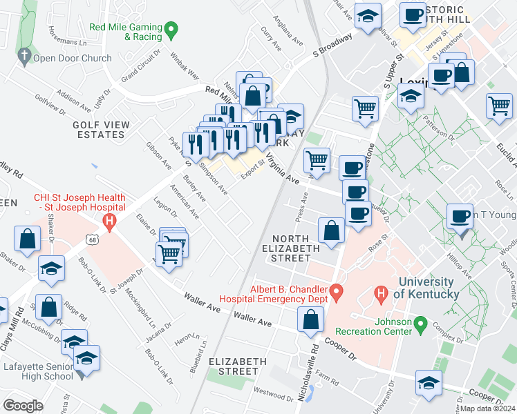 map of restaurants, bars, coffee shops, grocery stores, and more near 101 Simpson Avenue in Lexington