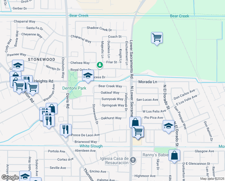 map of restaurants, bars, coffee shops, grocery stores, and more near 1028 Oakleaf Way in Stockton
