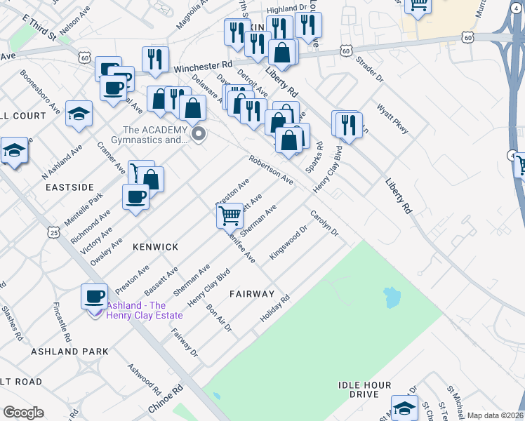 map of restaurants, bars, coffee shops, grocery stores, and more near 348 Sherman Avenue in Lexington