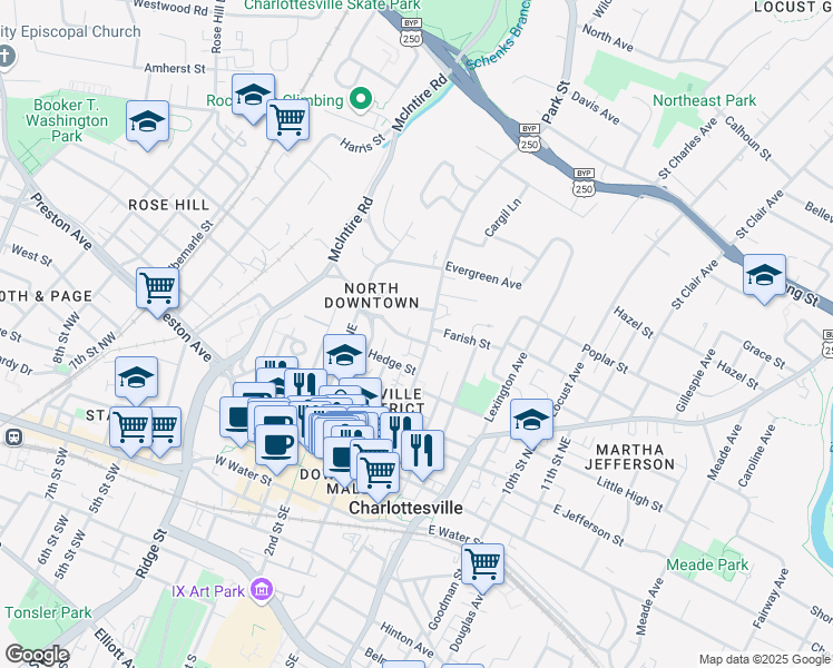 map of restaurants, bars, coffee shops, grocery stores, and more near 601 Park Street in Charlottesville