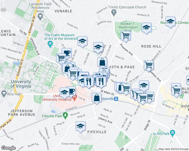 map of restaurants, bars, coffee shops, grocery stores, and more near 1061 Wertland Street in Charlottesville
