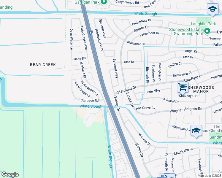 map of restaurants, bars, coffee shops, grocery stores, and more near 9519 Kelley Drive in Stockton