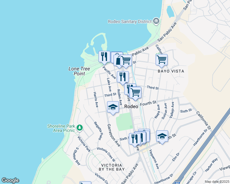 map of restaurants, bars, coffee shops, grocery stores, and more near 418 Third Street in Rodeo