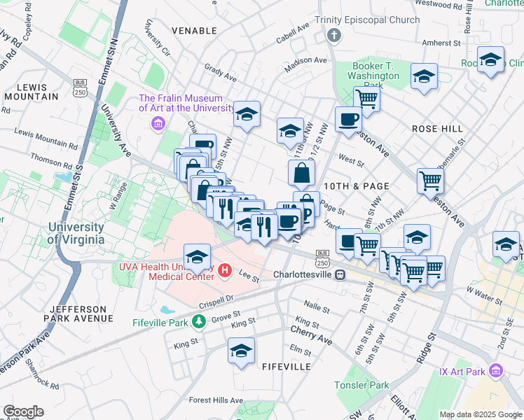 map of restaurants, bars, coffee shops, grocery stores, and more near 1205 Wertland Street in Charlottesville