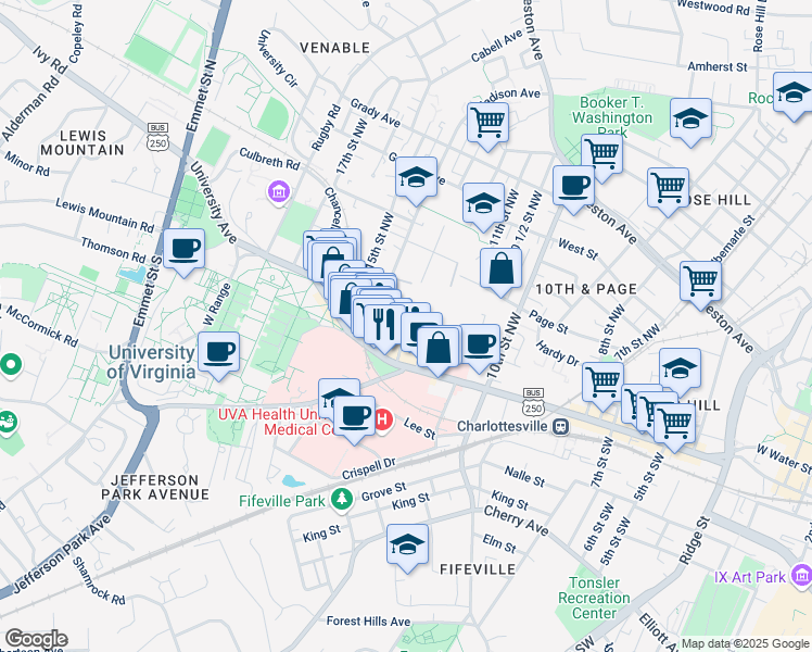 map of restaurants, bars, coffee shops, grocery stores, and more near 1303 Wertland Street in Charlottesville