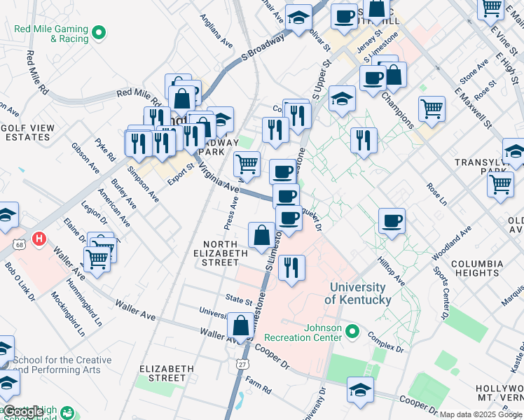 map of restaurants, bars, coffee shops, grocery stores, and more near 760 Press Avenue in Lexington