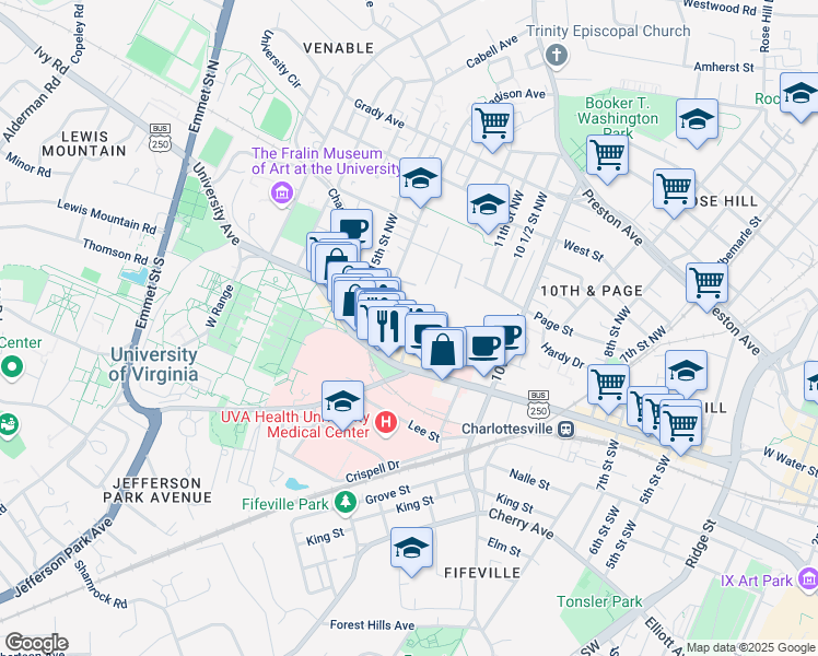map of restaurants, bars, coffee shops, grocery stores, and more near 1305 Wertland Street in Charlottesville