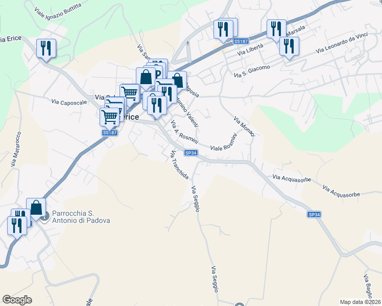 map of restaurants, bars, coffee shops, grocery stores, and more near 165 Via Simone Catalano in Valderice