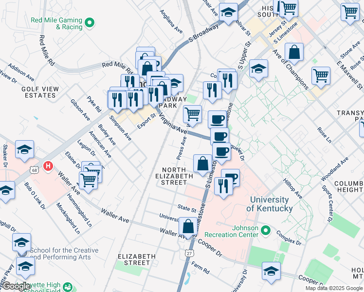 map of restaurants, bars, coffee shops, grocery stores, and more near 760 Press Avenue in Lexington