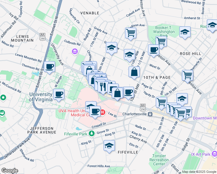 map of restaurants, bars, coffee shops, grocery stores, and more near 1307 Wertland Street in Charlottesville