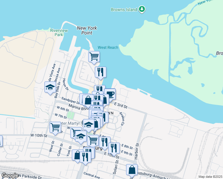 map of restaurants, bars, coffee shops, grocery stores, and more near 135 Shoreline Drive in Pittsburg