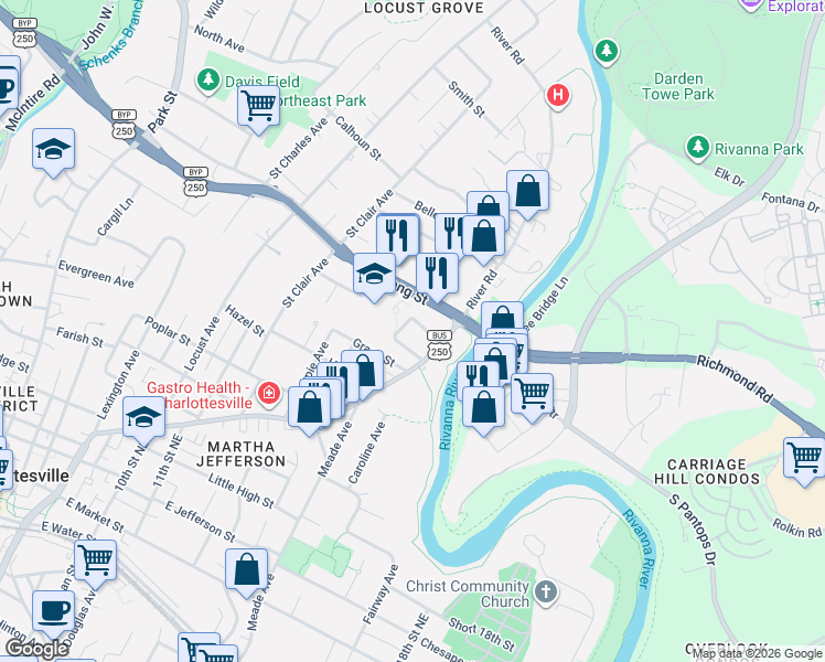 map of restaurants, bars, coffee shops, grocery stores, and more near 1324A Willow Drive in Charlottesville