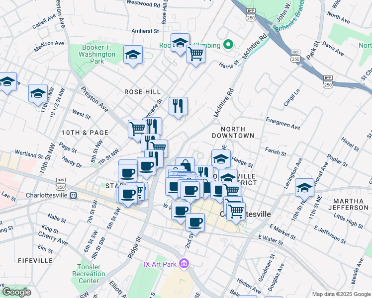 map of restaurants, bars, coffee shops, grocery stores, and more near 408 Altamont Circle in Charlottesville