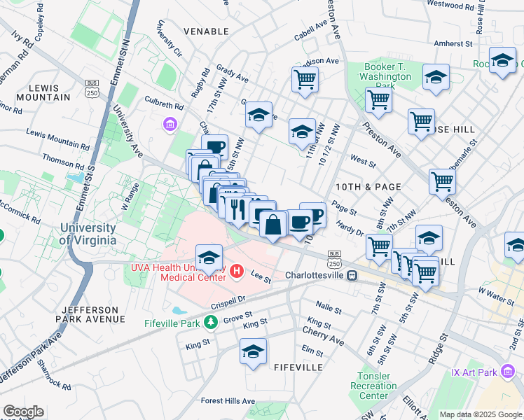 map of restaurants, bars, coffee shops, grocery stores, and more near 1215 Wertland Street in Charlottesville