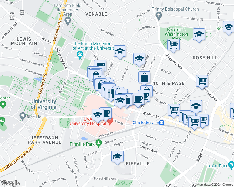 map of restaurants, bars, coffee shops, grocery stores, and more near 120 13th Street Northwest in Charlottesville