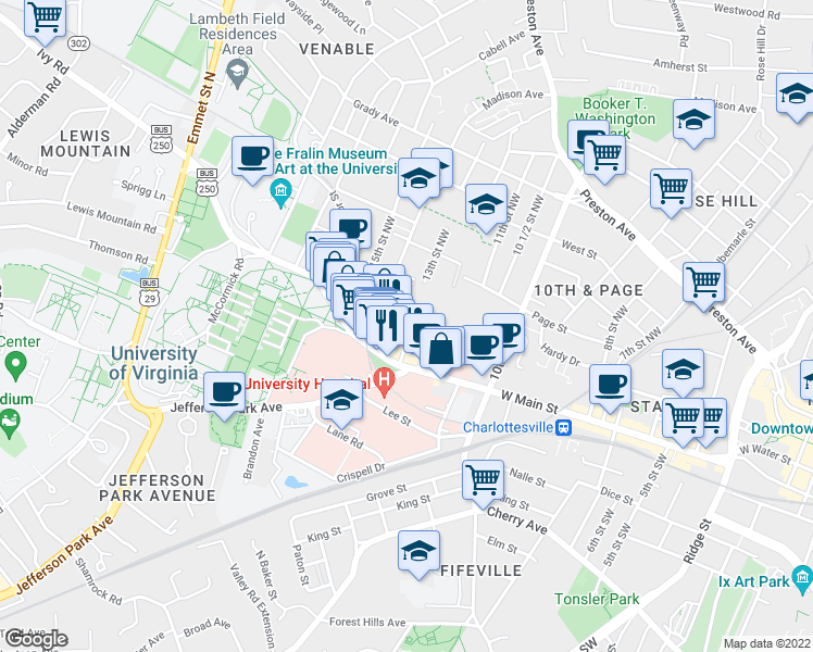 map of restaurants, bars, coffee shops, grocery stores, and more near 120 13th Street Northwest in Charlottesville