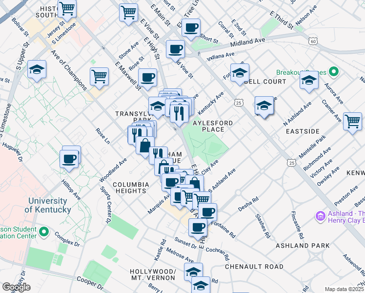 map of restaurants, bars, coffee shops, grocery stores, and more near 560 East High Street in Lexington