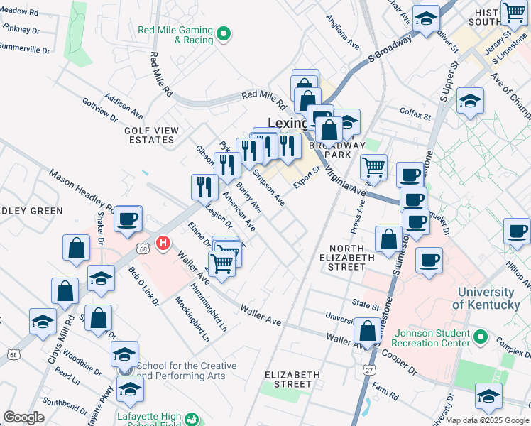 map of restaurants, bars, coffee shops, grocery stores, and more near 200 Burley Avenue in Lexington