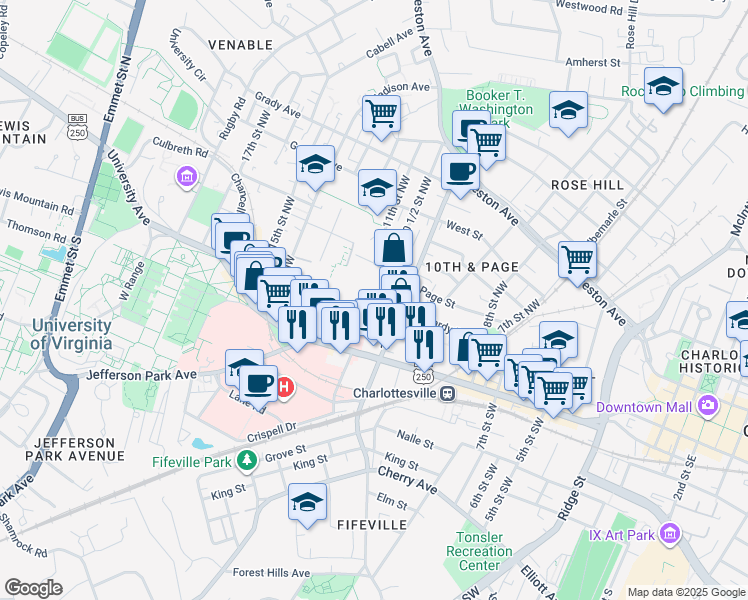 map of restaurants, bars, coffee shops, grocery stores, and more near 1021 Wertland Street in Charlottesville