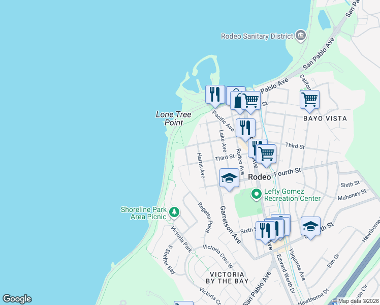 map of restaurants, bars, coffee shops, grocery stores, and more near 122 Third Street in Rodeo