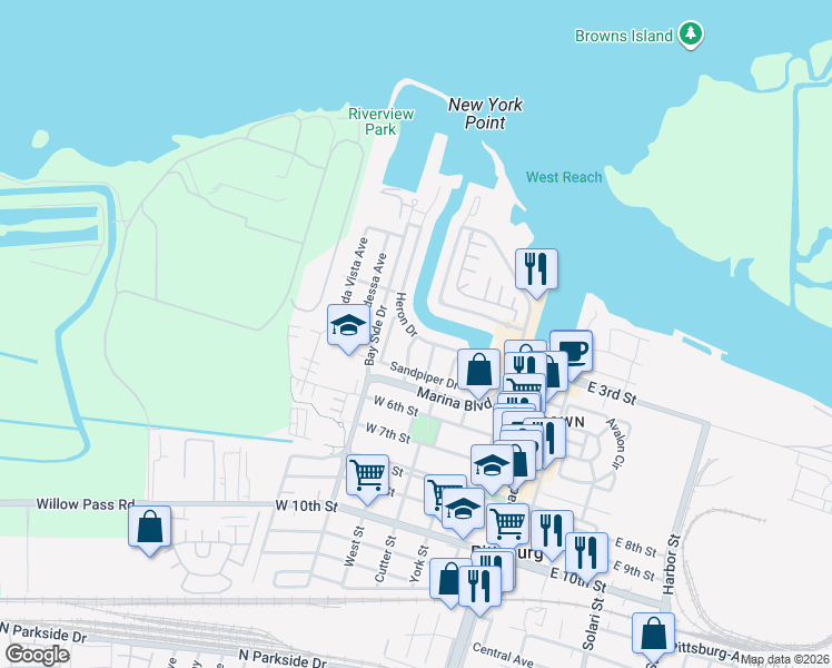 map of restaurants, bars, coffee shops, grocery stores, and more near 192 Heron Drive in Pittsburg