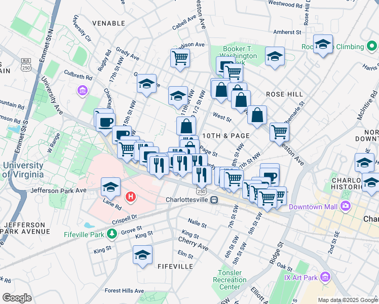 map of restaurants, bars, coffee shops, grocery stores, and more near 221 10th Street Northwest in Charlottesville