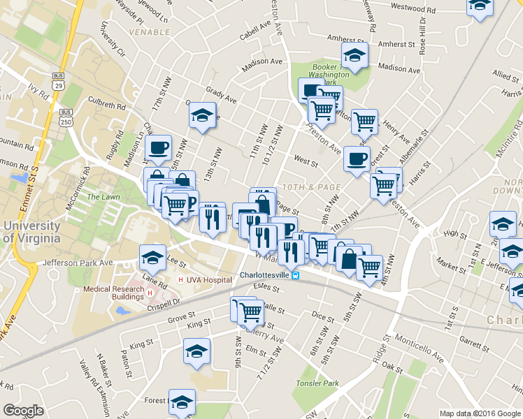 map of restaurants, bars, coffee shops, grocery stores, and more near 221 10th Street Northwest in Charlottesville