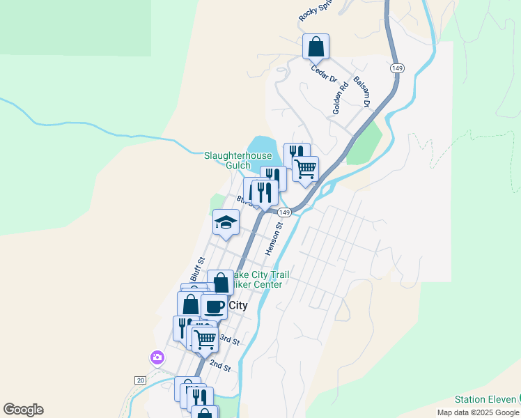 map of restaurants, bars, coffee shops, grocery stores, and more near 700-704 Gunnison Avenue in Lake City