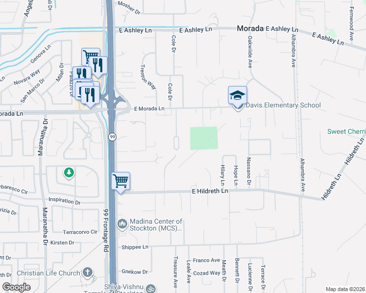 map of restaurants, bars, coffee shops, grocery stores, and more near 9064 North Lloyd Lane in Stockton