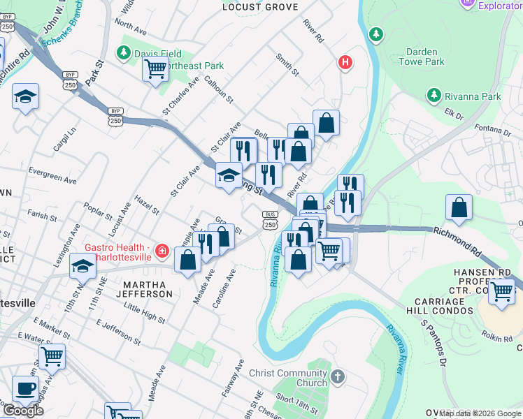 map of restaurants, bars, coffee shops, grocery stores, and more near 1530 E High St in Charlottesville