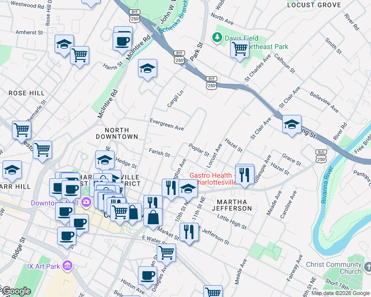 map of restaurants, bars, coffee shops, grocery stores, and more near 523 Lexington Avenue in Charlottesville
