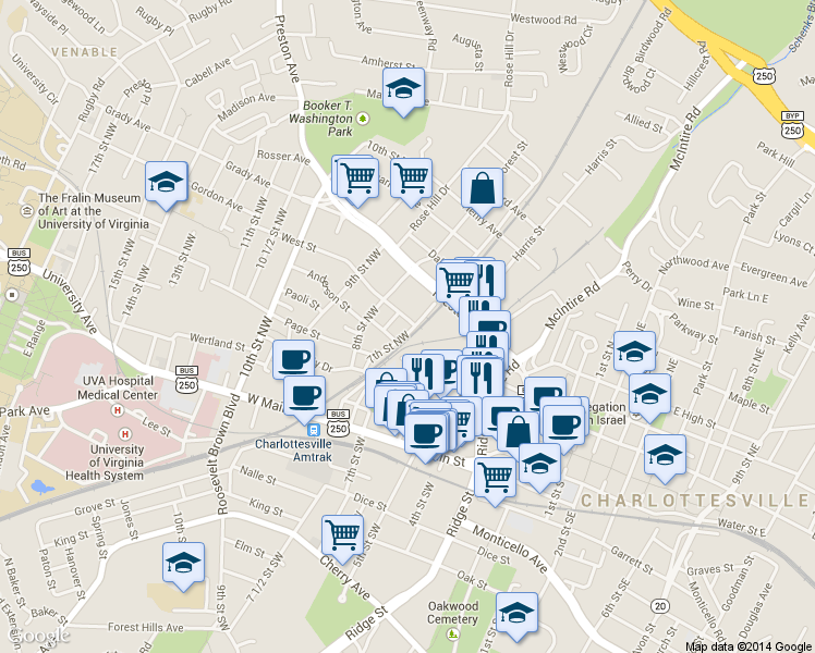 map of restaurants, bars, coffee shops, grocery stores, and more near 305 4th Street Northwest in Charlottesville