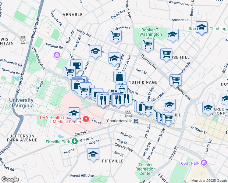 map of restaurants, bars, coffee shops, grocery stores, and more near 1025 Wertland Street in Charlottesville