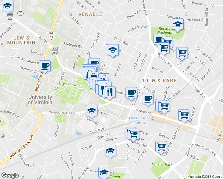 map of restaurants, bars, coffee shops, grocery stores, and more near 120 13th Street Northwest in Charlottesville