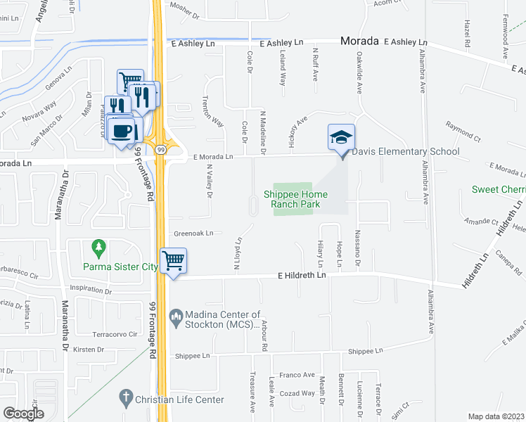 map of restaurants, bars, coffee shops, grocery stores, and more near 9064 North Lloyd Lane in Stockton