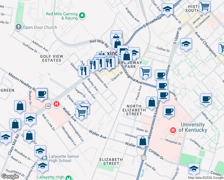 map of restaurants, bars, coffee shops, grocery stores, and more near 205 Simpson Avenue in Lexington