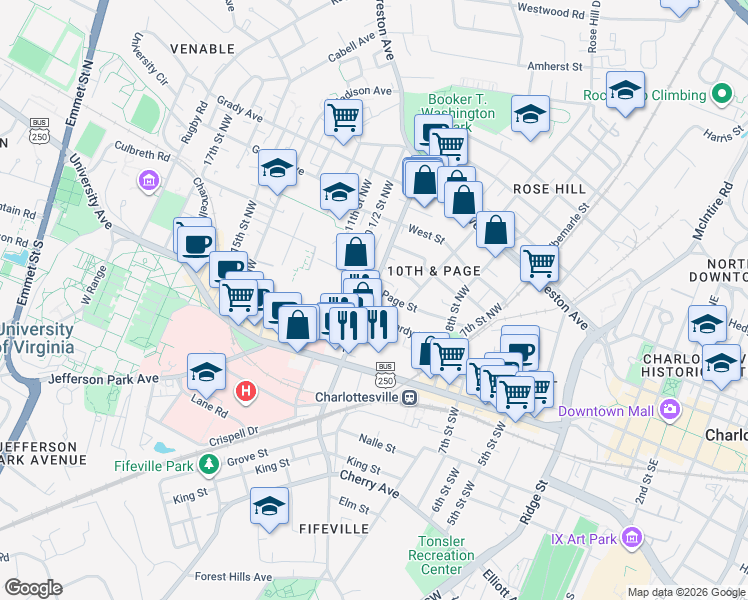 map of restaurants, bars, coffee shops, grocery stores, and more near 304 10th Street Northwest in Charlottesville