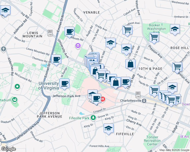 map of restaurants, bars, coffee shops, grocery stores, and more near 210 15th Street Northwest in Charlottesville