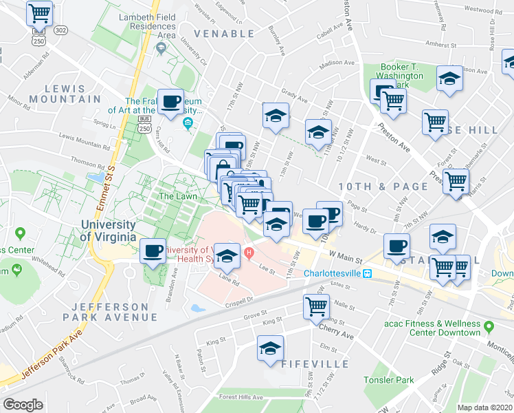 map of restaurants, bars, coffee shops, grocery stores, and more near in Charlottesville