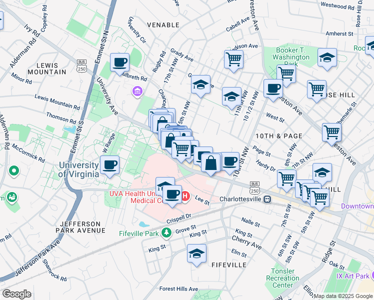 map of restaurants, bars, coffee shops, grocery stores, and more near 1311 Wertland Street in Charlottesville