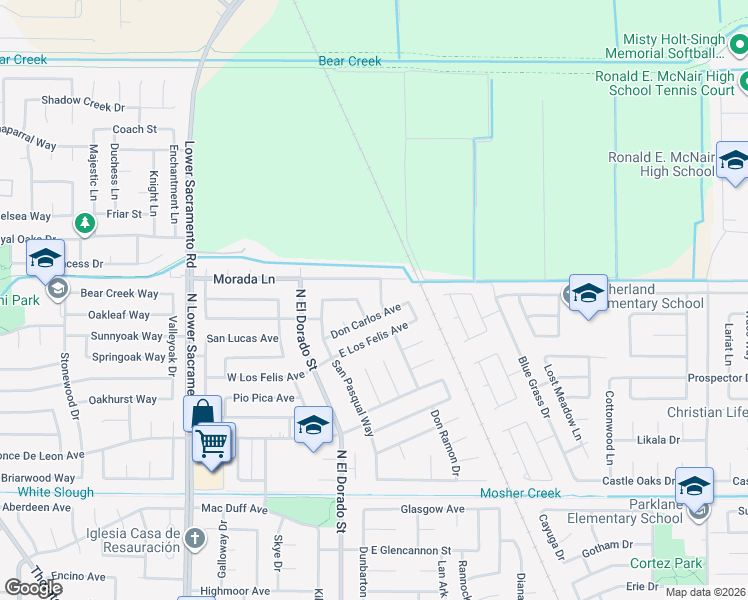 map of restaurants, bars, coffee shops, grocery stores, and more near 325 Morada Lane in Stockton