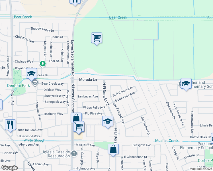 map of restaurants, bars, coffee shops, grocery stores, and more near 9224 North El Dorado Street in Stockton