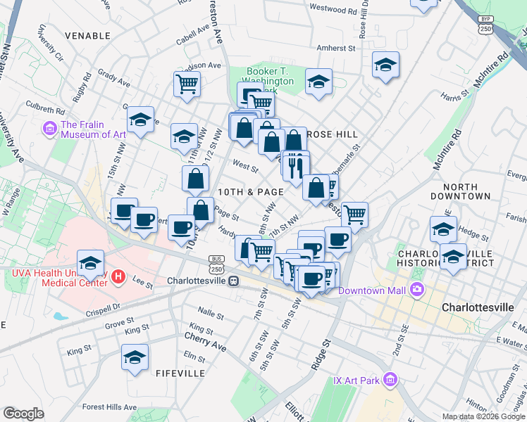map of restaurants, bars, coffee shops, grocery stores, and more near in Charlottesville