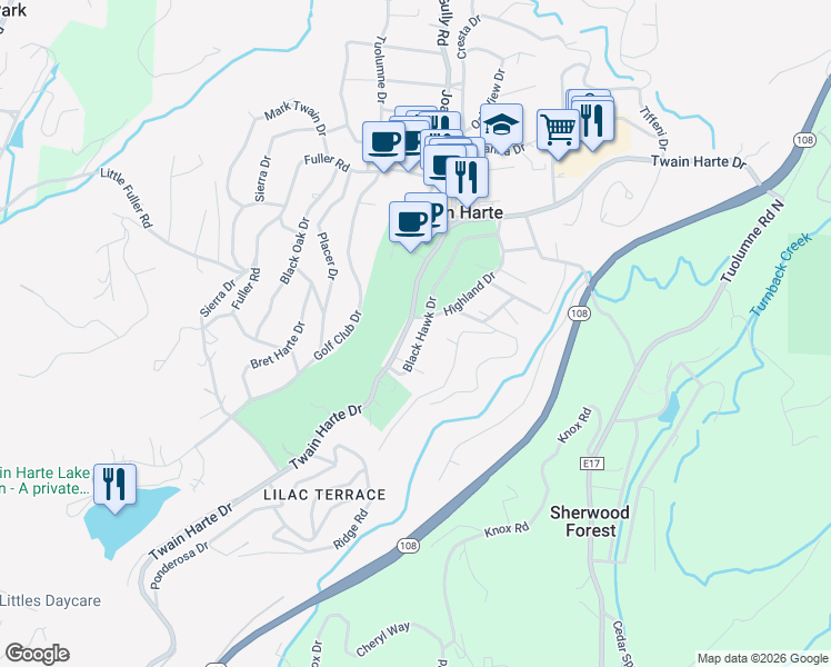 map of restaurants, bars, coffee shops, grocery stores, and more near 22791 Twain Harte Drive in Twain Harte