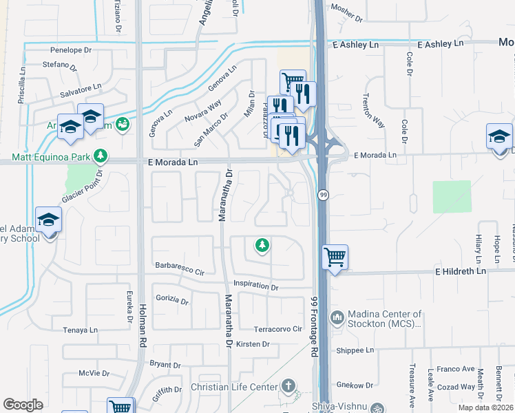 map of restaurants, bars, coffee shops, grocery stores, and more near 3932 Lembert Dome Court in Stockton