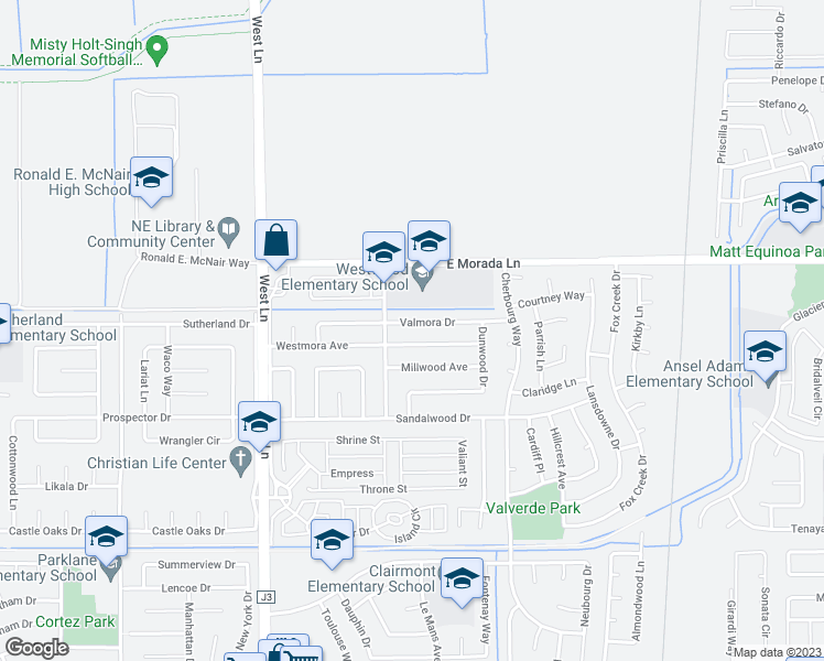 map of restaurants, bars, coffee shops, grocery stores, and more near 2131 Valmora Drive in Stockton